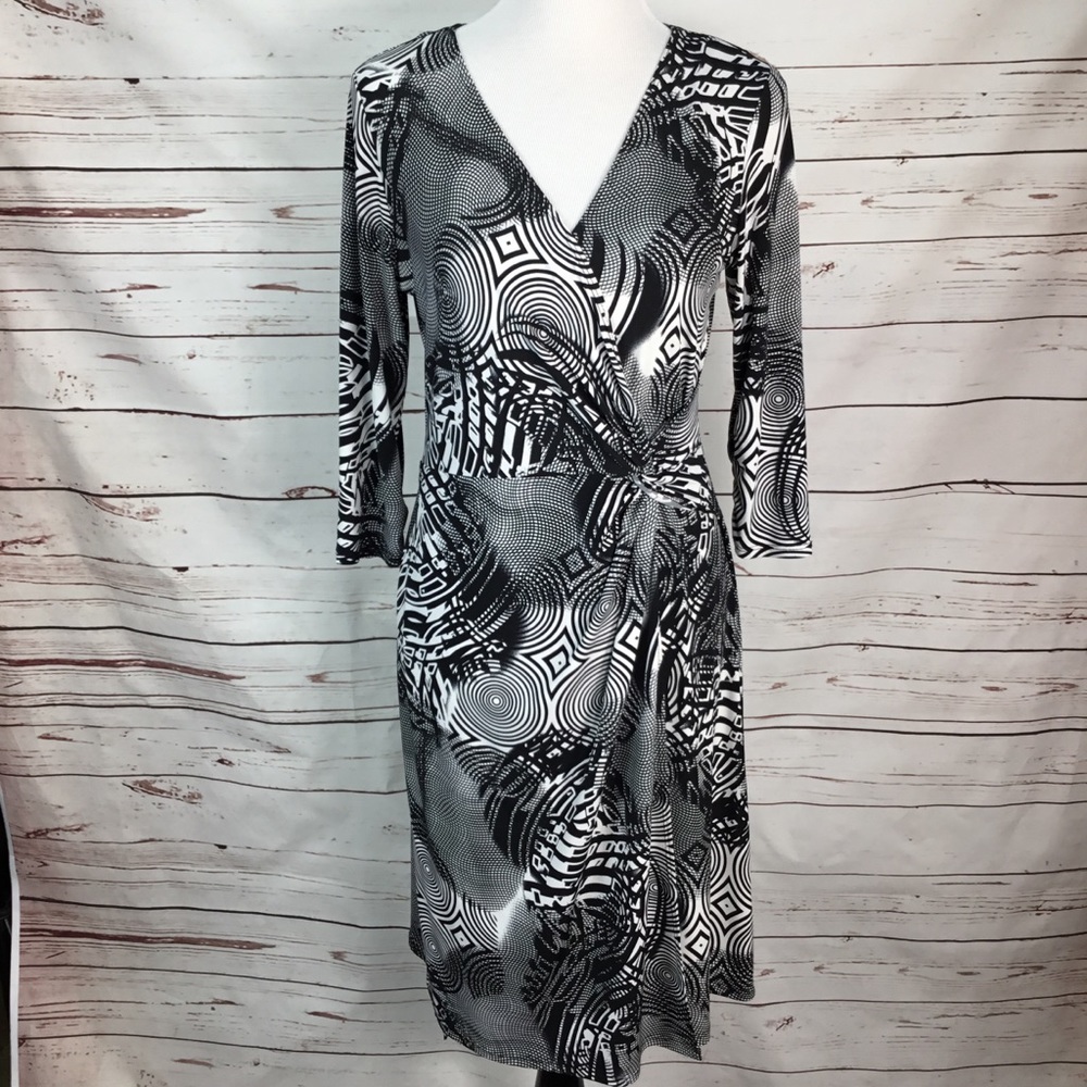 ACORN Retro Black & White‎ Wrap Dress Long Sleeve